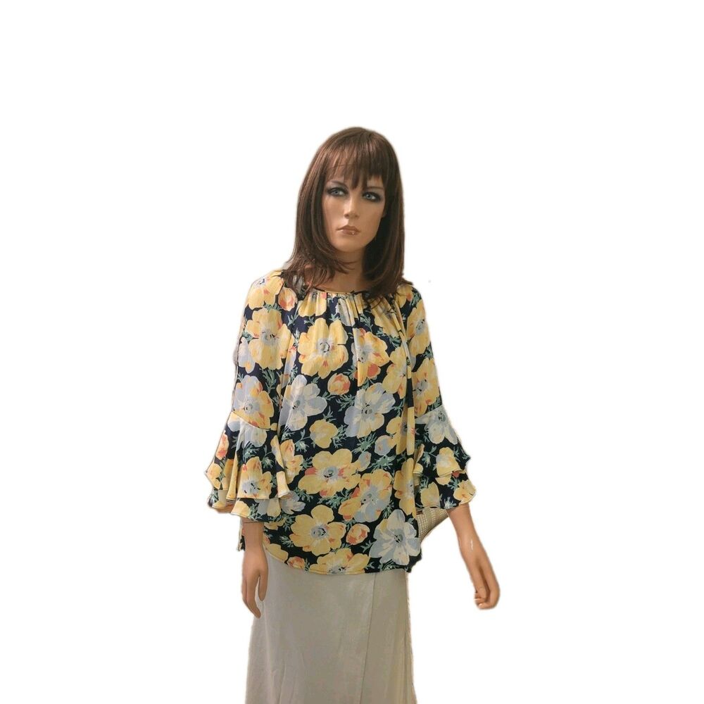 Chaps Georgette Floral Blouse Tier Bell Sleeve Top Cottagecore Peasant Boho XL